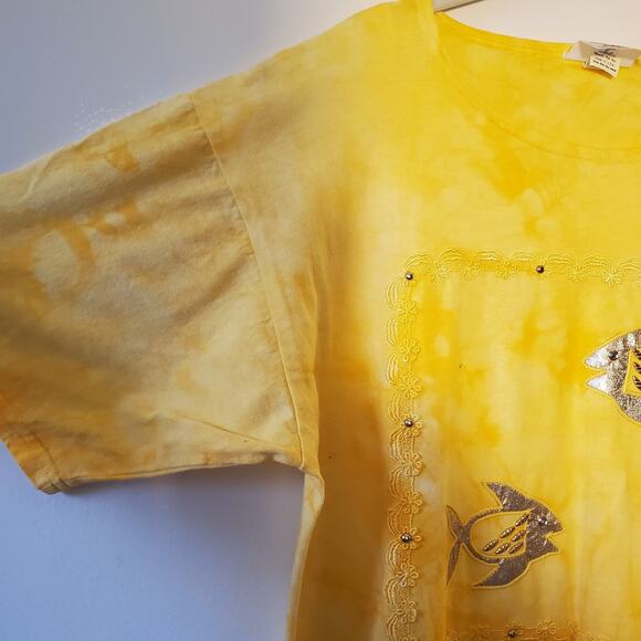 Cotton Code Yellow Maxi Dress Size L XL Tall Applique Short Sleeve Tie Dye USA - Picture 4 of 10